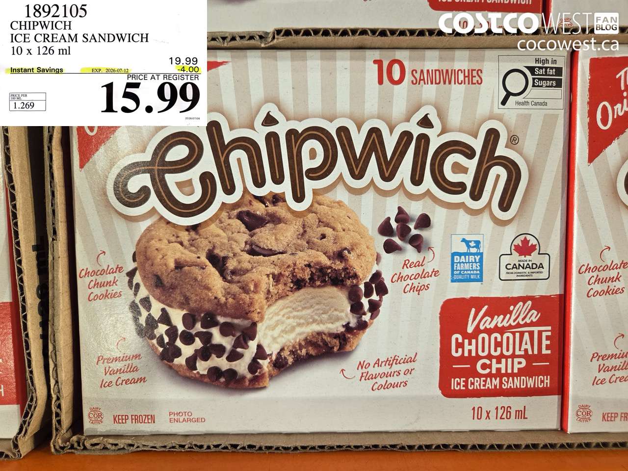 1892105 CHIPWICH ICE CREAM SANDWICH 10 X 126 ML ($4.00 INSTANT SAVINGS EXPIRES ON 2026-07-12) $15.99