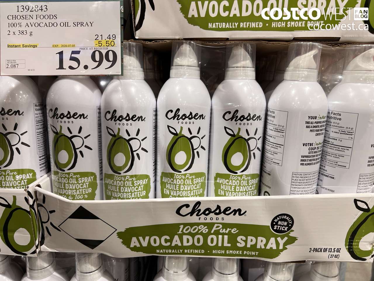 1392843 CHOSEN FOODS 100% AVOCADO OIL SPRAY 2 X 383 G ($5.50 INSTANT SAVINGS EXPIRES ON 2026-07-05) $15.99
