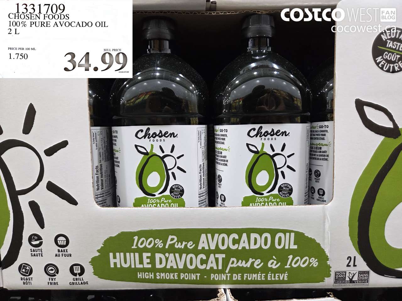 1331709 CHOSEN FOODS 100% PURE AVOCADO OIL 2 L $34.99
