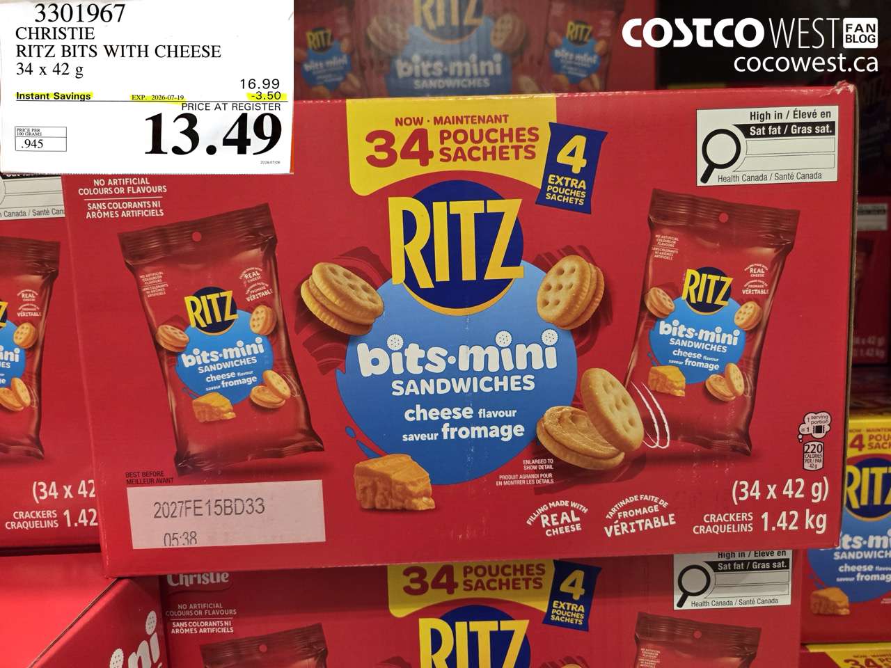 3301967 CHRISTIE RITZ BITS WITH CHEESE 34 X 42 G ($3.50 INSTANT SAVINGS EXPIRES ON 2026-07-19) $13.49