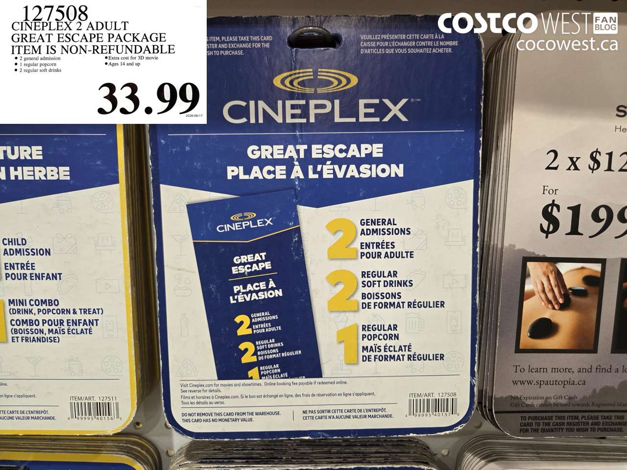 127508 CINEPLEX 2 ADULT GREAT ESCAPE PACKAGE ITEM IS NON-REFUNDABLE $33.99
