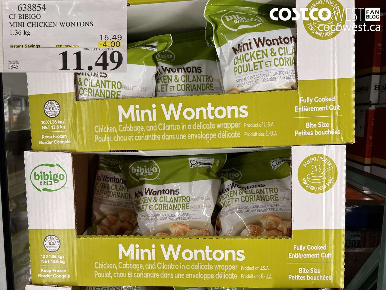 638854 CJ BIBIGO MINI CHICKEN WONTONS 1.36 KG ($4.00 INSTANT SAVINGS EXPIRES ON 2026-07-05) $11.49