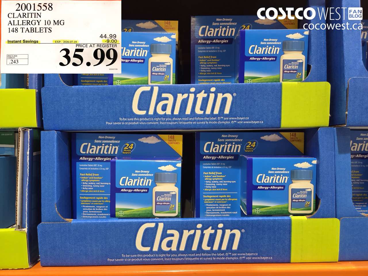 2001558 CLARITIN ALLERGY 10 MG 148 TABLETS ($9.00 INSTANT SAVINGS EXPIRES ON 2026-07-19) $35.99