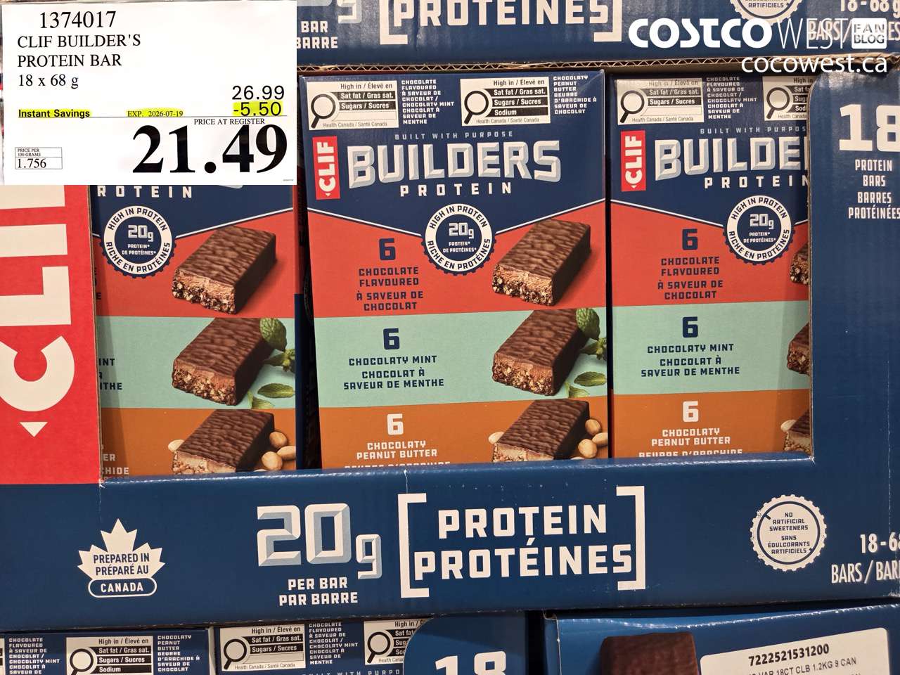 1374017 CLIF BUILDER'S PROTEIN BAR 18 X 68 G ($5.50 INSTANT SAVINGS EXPIRES ON 2026-07-19) $21.49