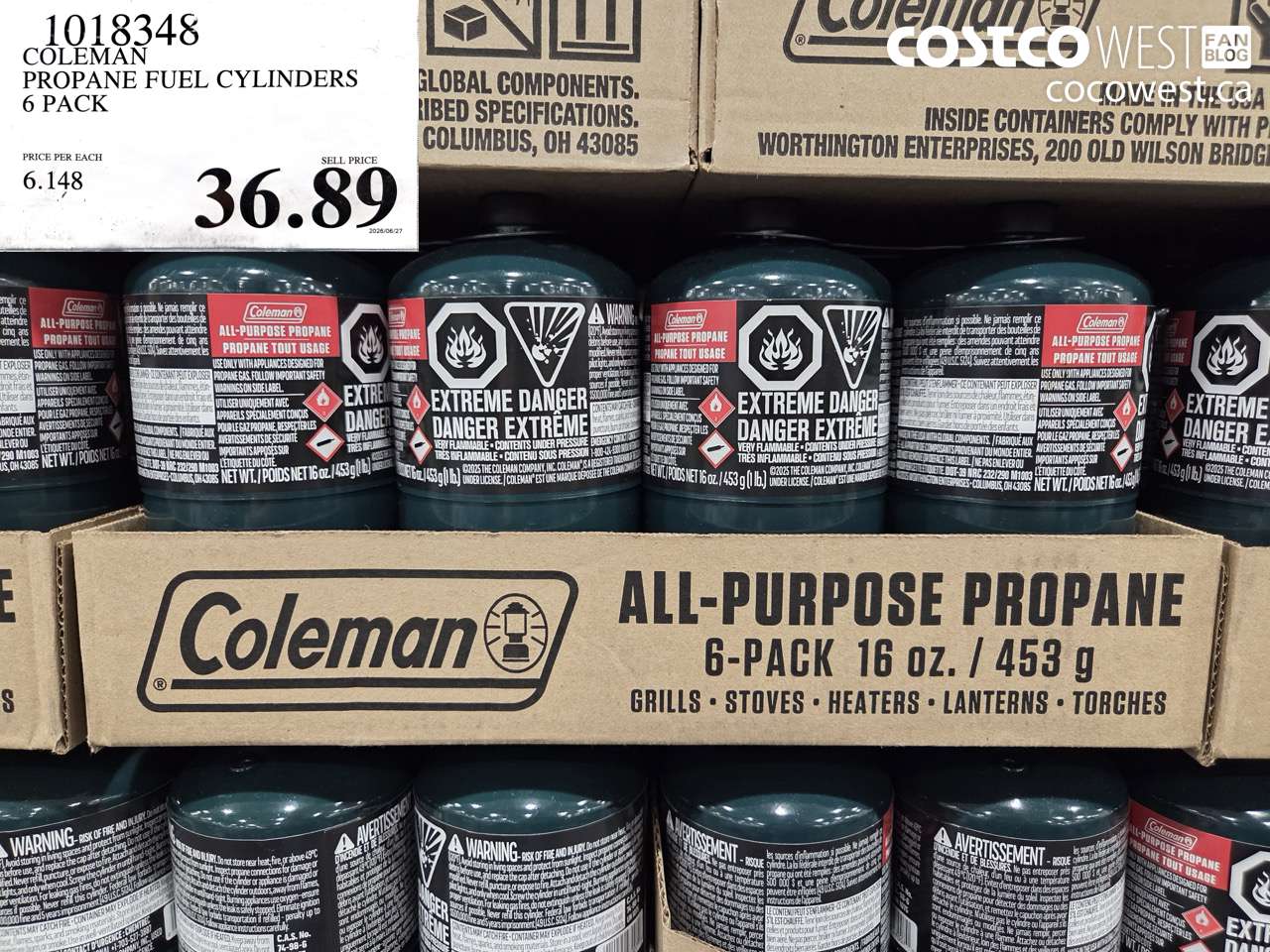 1018348 COLEMAN PROPANE FUEL CYLINDERS 6 PACK $36.89
