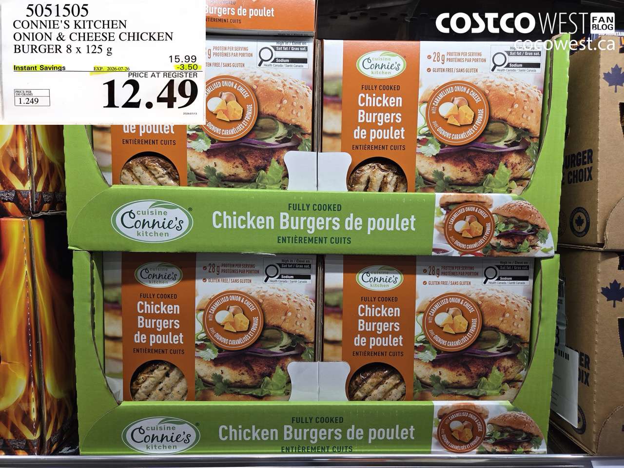 5051505 CONNIE'S KITCHEN ONION & CHEESE CHICKEN BURGER 8 X 125 G ($3.50 INSTANT SAVINGS EXPIRES ON 2026-07-26) $12.49