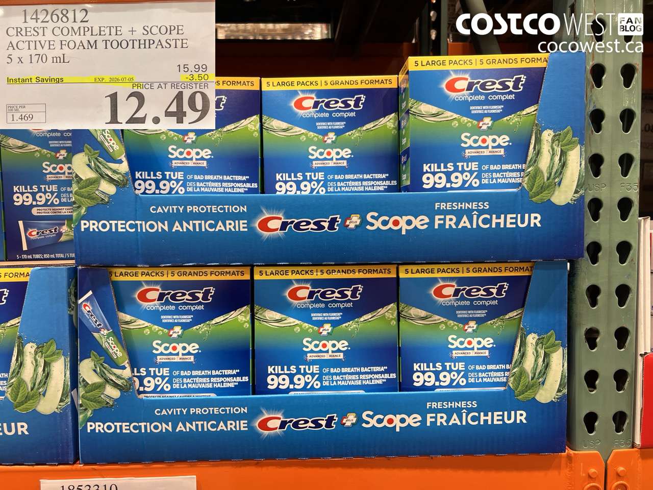 1426812 CREST COMPLETE + SCOPE ACTIVE FOAM TOOTHPASTE 5 X 170 ML ($3.50 INSTANT SAVINGS EXPIRES ON 2026-07-05) $12.49
