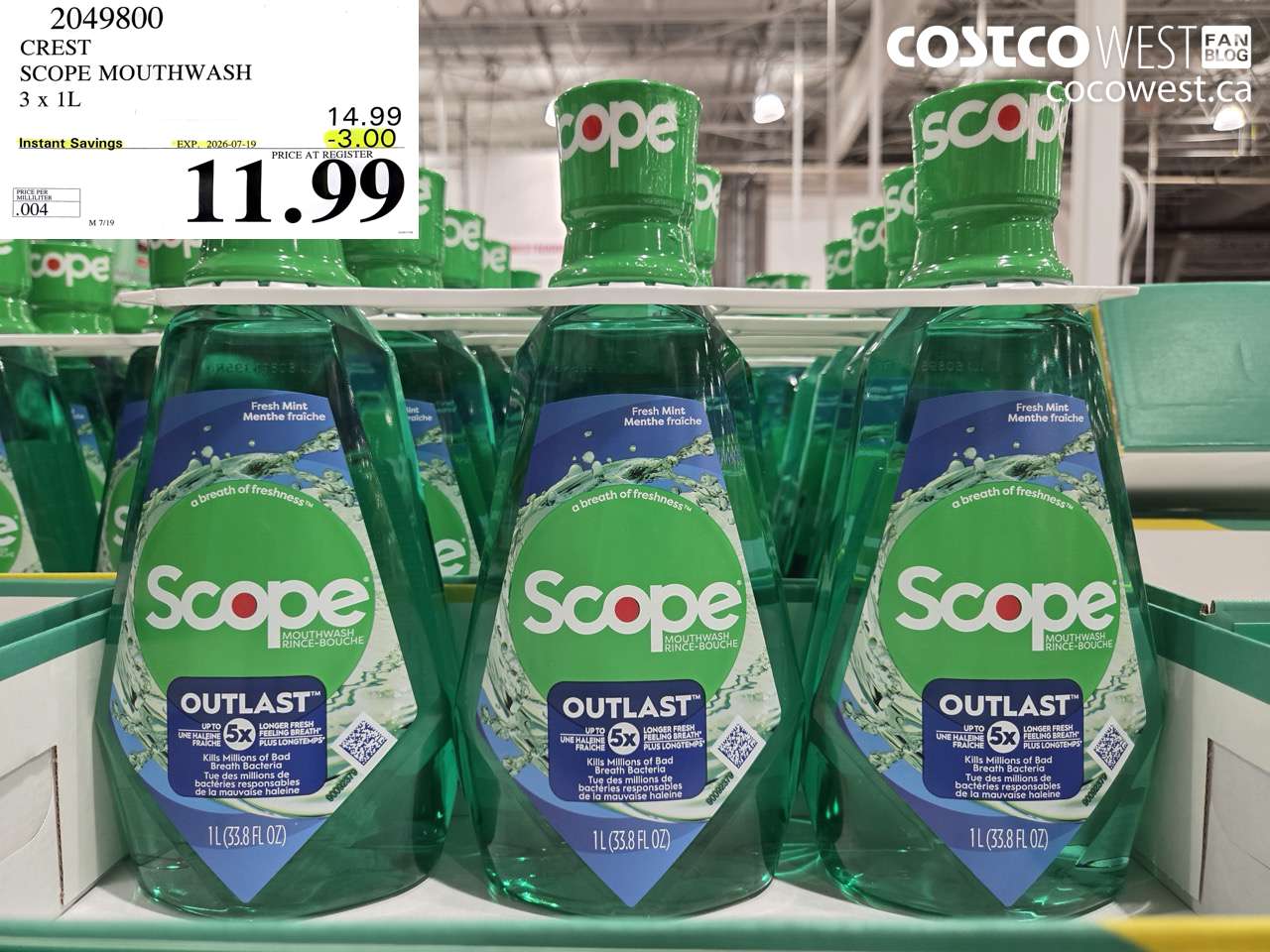 2049800 CREST SCOPE MOUTHWASH 3 X 1L ($3.00 INSTANT SAVINGS EXPIRES ON 2026-07-19) $11.99