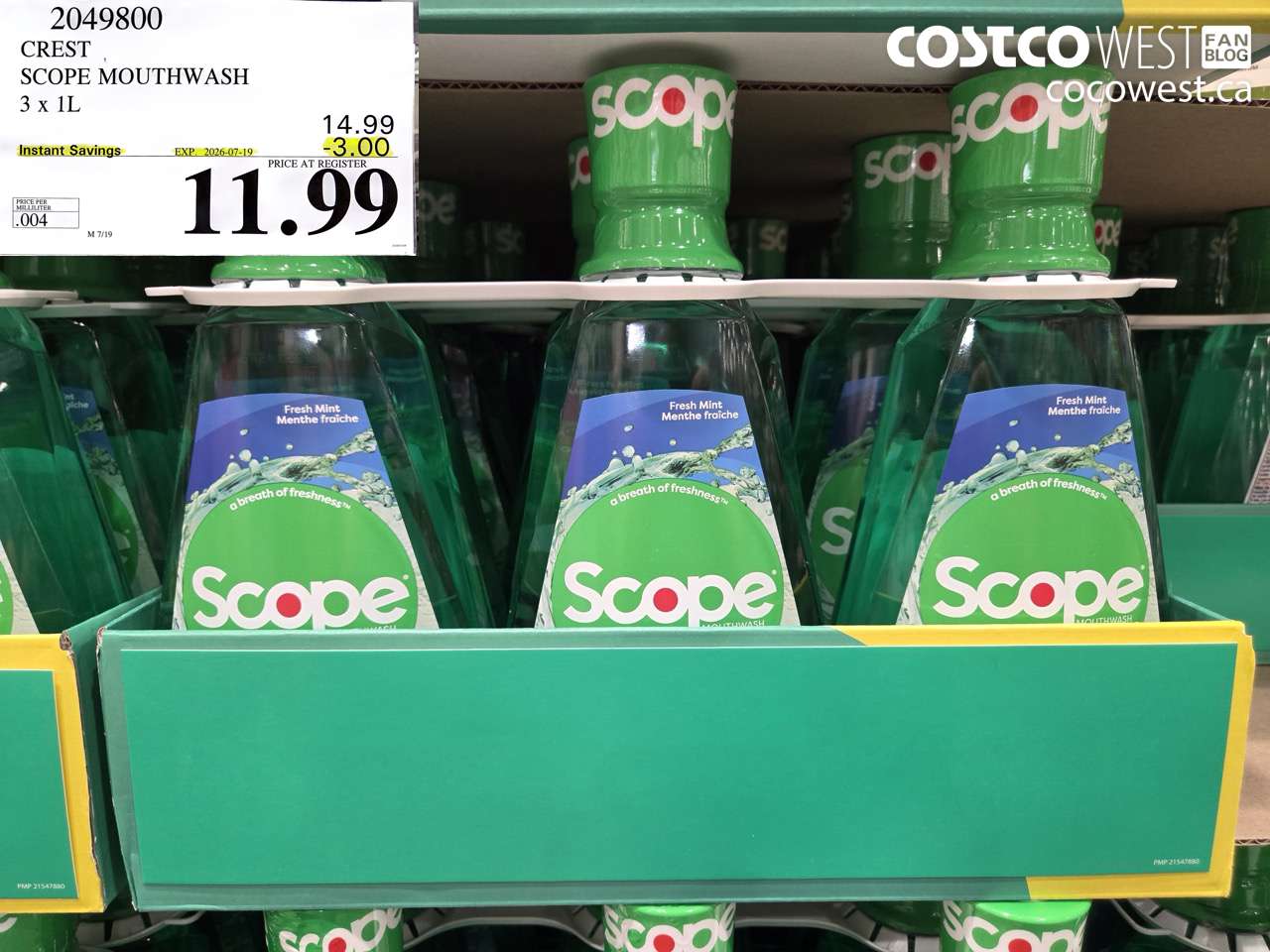 2049800 CREST SCOPE MOUTHWASH 3 X 1L ($3.00 INSTANT SAVINGS EXPIRES ON 2026-07-19) $11.99