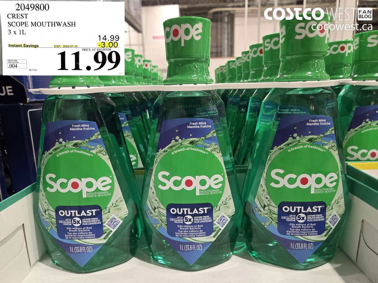 2049800 CREST SCOPE MOUTHWASH 3 X 1L ($3.00 INSTANT SAVINGS EXPIRES ON 2026-07-19) $11.99