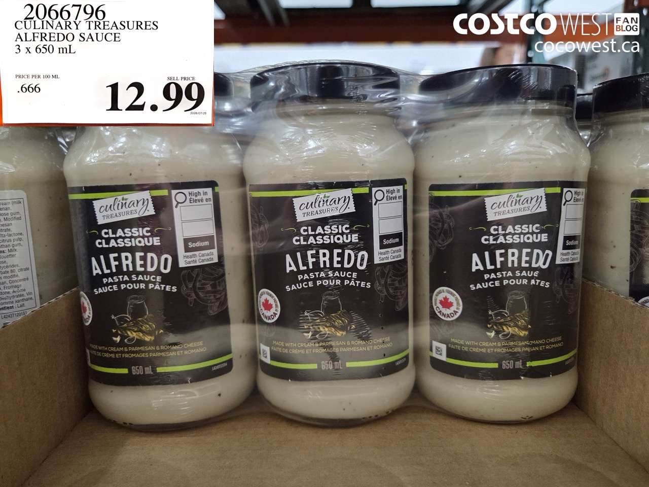 2066796 CULINARY TREASURES ALFREDO SAUCE 3 X 650 ML $12.99