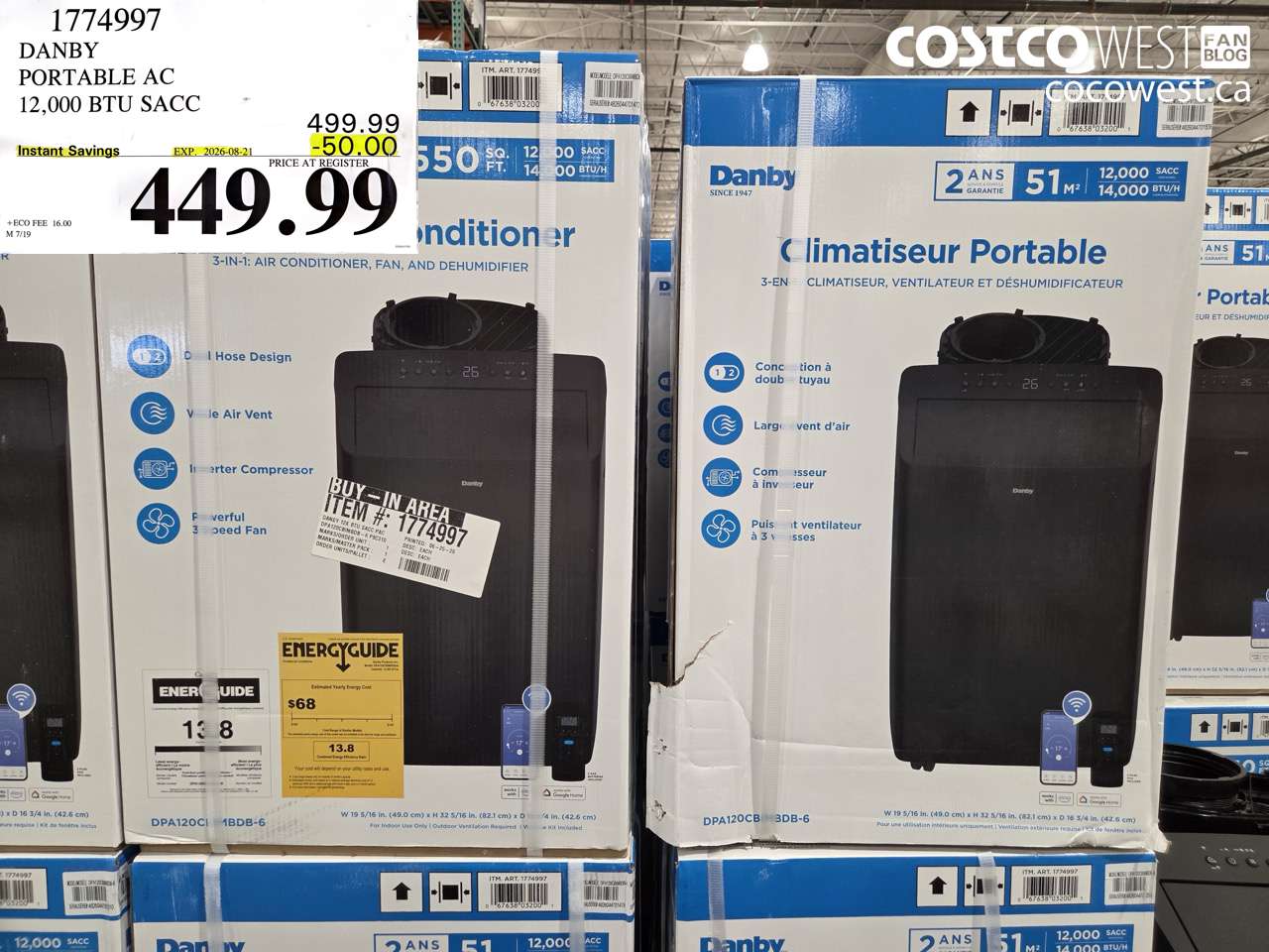 1774997 DANBY PORTABLE AC 12,000 BTU SACC ($50.00 INSTANT SAVINGS EXPIRES ON 2026-08-21) $449.99