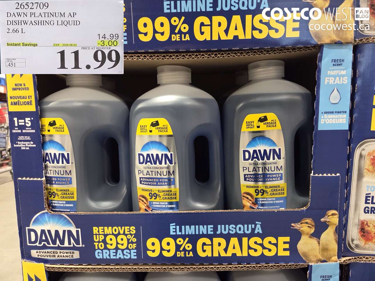 2652709 DAWN PLATINUM AP DISHWASHING LIQUID 2.66 L ($3.00 INSTANT SAVINGS EXPIRES ON 2026-08-02) $11.99