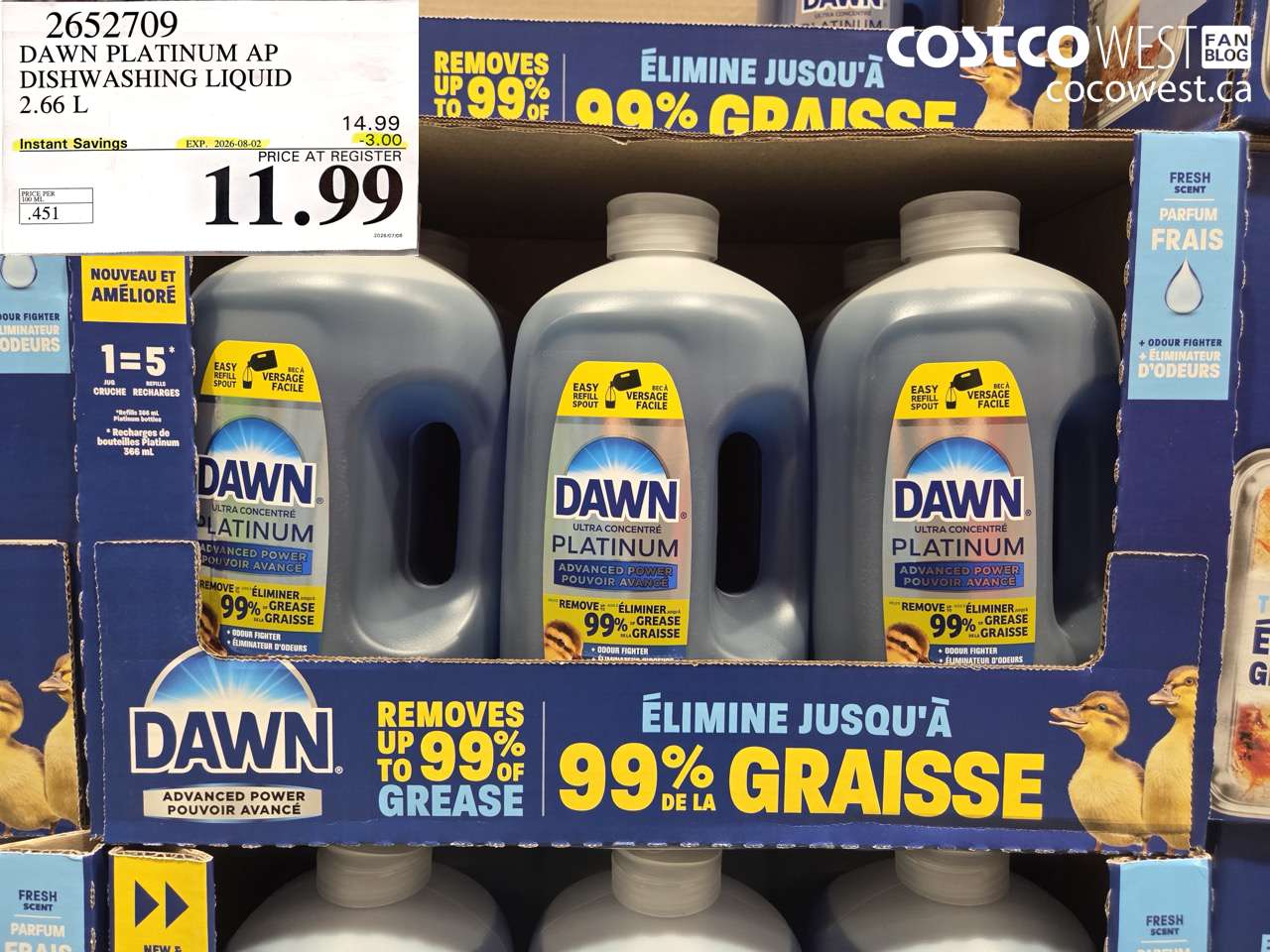 2652709 DAWN PLATINUM AP DISHWASHING LIQUID 2.66 L ($3.00 INSTANT SAVINGS EXPIRES ON 2026-08-02) $11.99