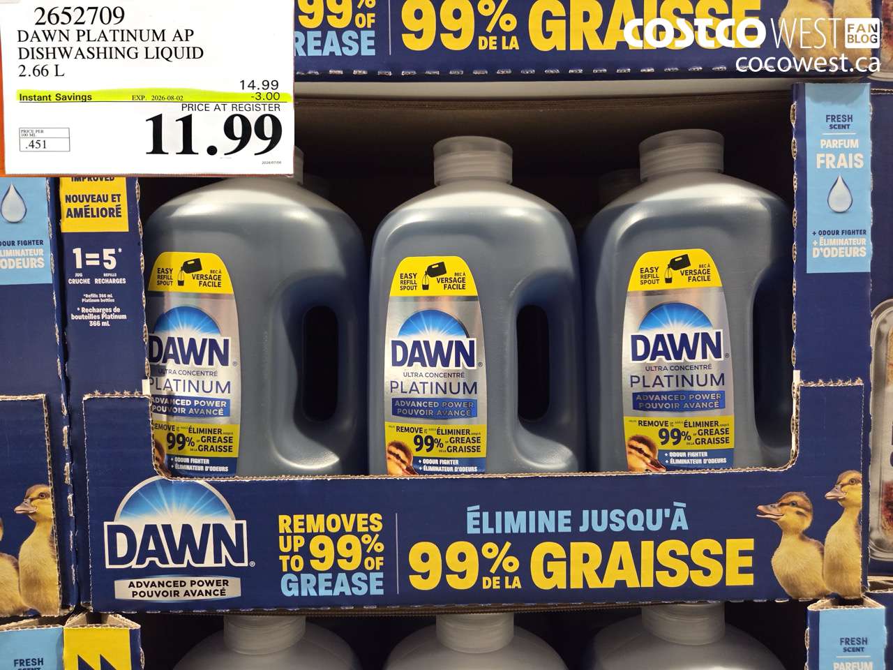 2652709 DAWN PLATINUM AP DISHWASHING LIQUID 2.66 L ($3.00 INSTANT SAVINGS EXPIRES ON 2026-08-02) $11.99