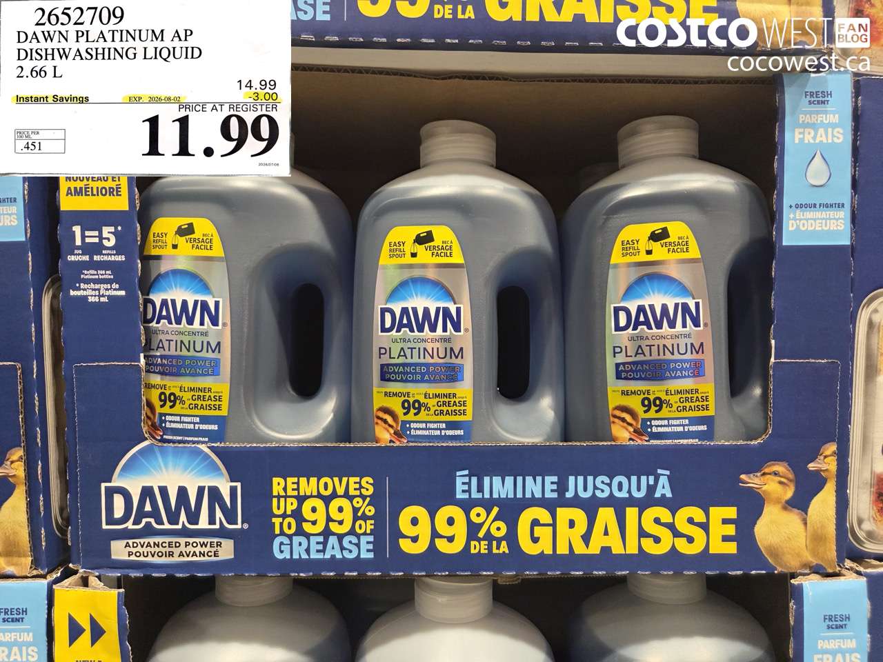 2652709 DAWN PLATINUM AP DISHWASHING LIQUID 2.66 L ($3.00 INSTANT SAVINGS EXPIRES ON 2026-08-02) $11.99