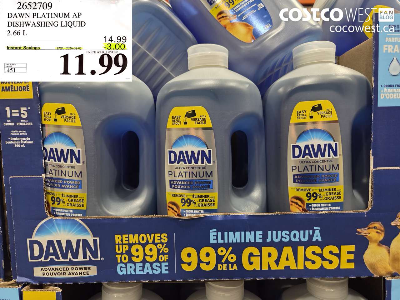 2652709 DAWN PLATINUM AP DISHWASHING LIQUID 2.66 L ($3.00 INSTANT SAVINGS EXPIRES ON 2026-08-02) $11.99