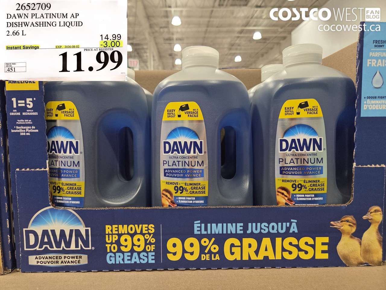 2652709 DAWN PLATINUM AP DISHWASHING LIQUID 2.66 L ($3.00 INSTANT SAVINGS EXPIRES ON 2026-08-02) $11.99
