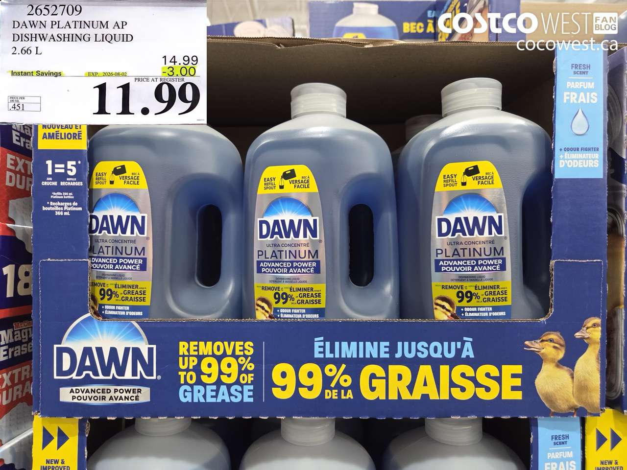 2652709 DAWN PLATINUM AP DISHWASHING LIQUID 2.66 L ($3.00 INSTANT SAVINGS EXPIRES ON 2026-08-02) $11.99