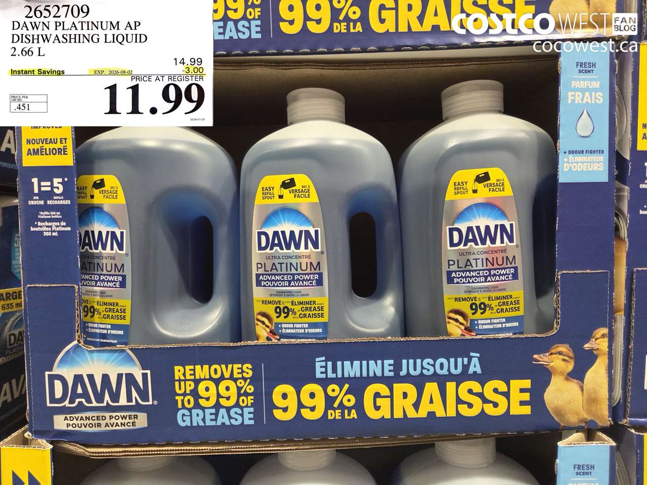 2652709 DAWN PLATINUM AP DISHWASHING LIQUID 2.66 L ($3.00 INSTANT SAVINGS EXPIRES ON 2026-08-02) $11.99