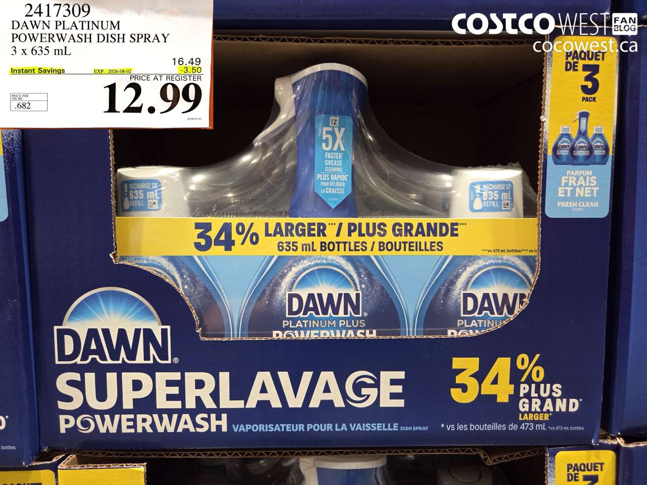 2417309 DAWN PLATINUM POWERWASH DISH SPRAY 3 X 635 ML ($3.50 INSTANT SAVINGS EXPIRES ON 2026-08-02) $12.99