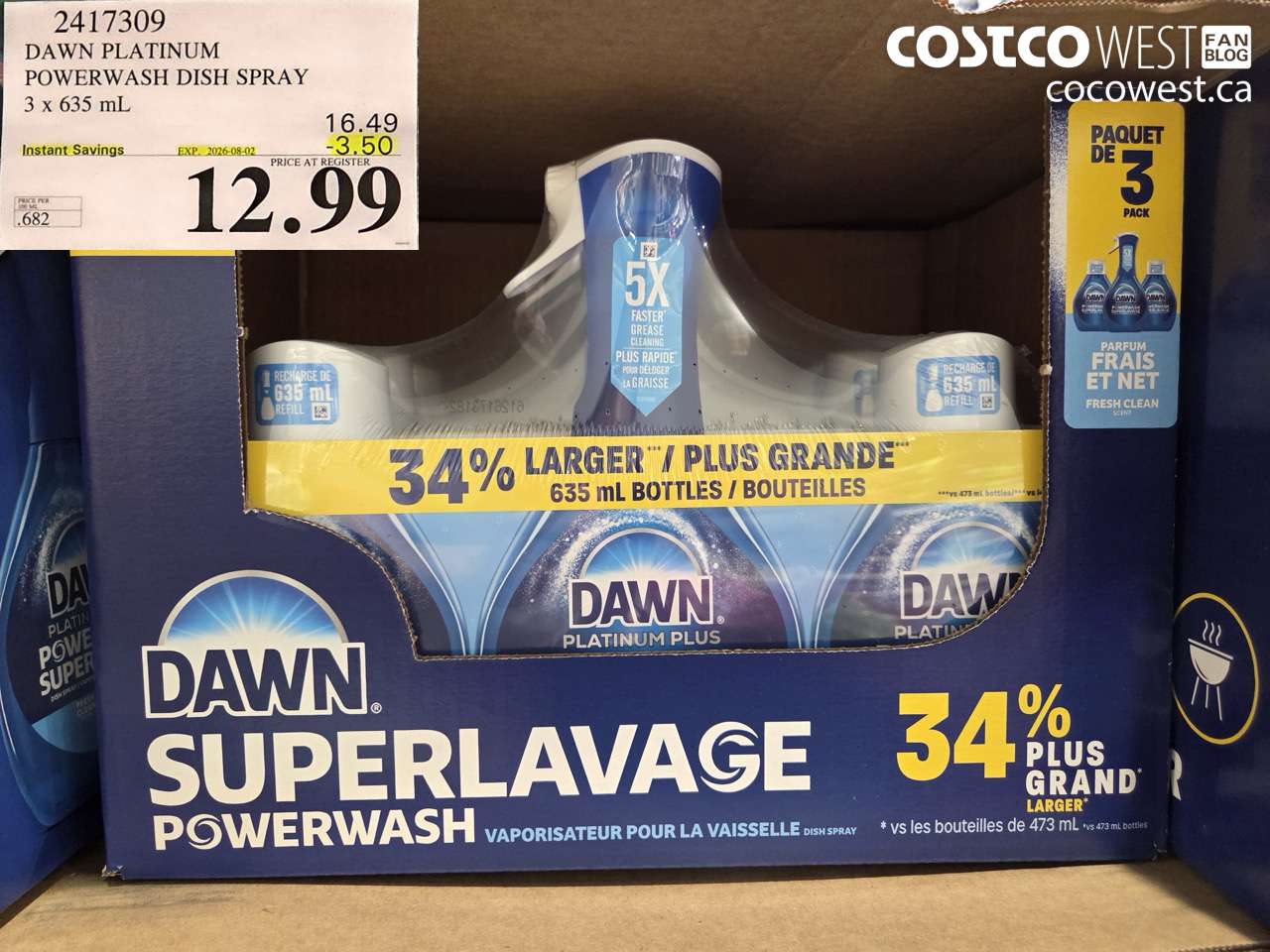 2417309 DAWN PLATINUM POWERWASH DISH SPRAY 3 X 635 ML ($3.50 INSTANT SAVINGS EXPIRES ON 2026-08-02) $12.99