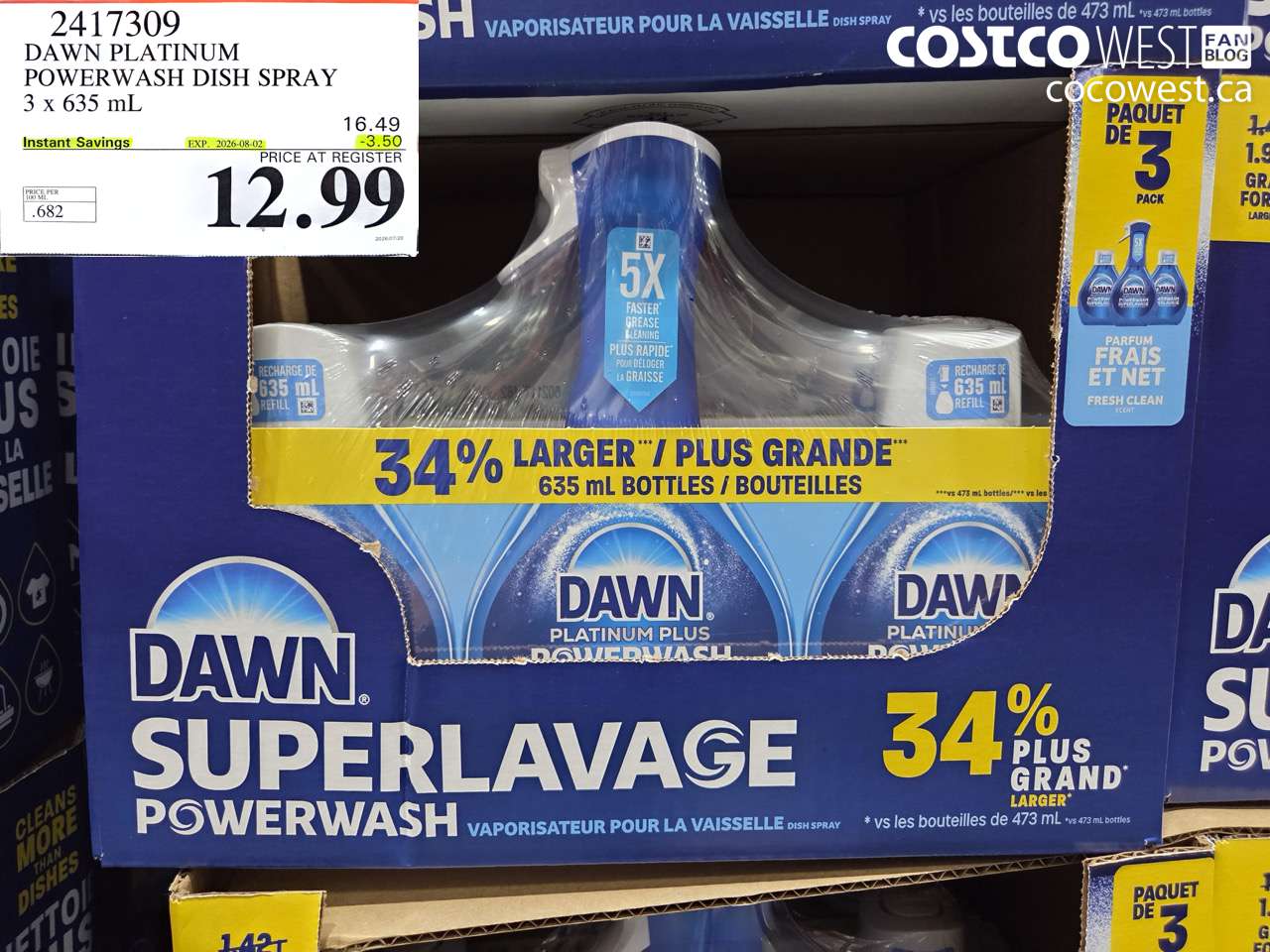 2417309 DAWN PLATINUM POWERWASH DISH SPRAY 3 X 635 ML ($3.50 INSTANT SAVINGS EXPIRES ON 2026-08-02) $12.99