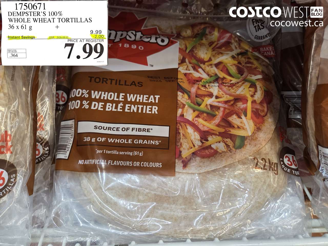 1750671 DEMPSTER'S 100% WHOLE WHEAT TORTILLAS 36 X 61 G ($2.00 INSTANT SAVINGS EXPIRES ON 2026-08-02) $7.99