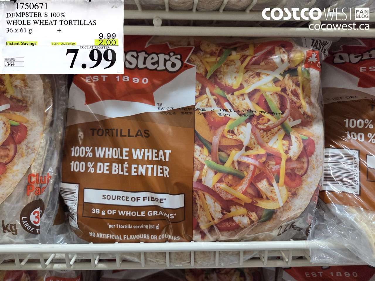 1750671 DEMPSTER'S 100% WHOLE WHEAT TORTILLAS 36 X 61 G ($2.00 INSTANT SAVINGS EXPIRES ON 2026-08-02) $7.99