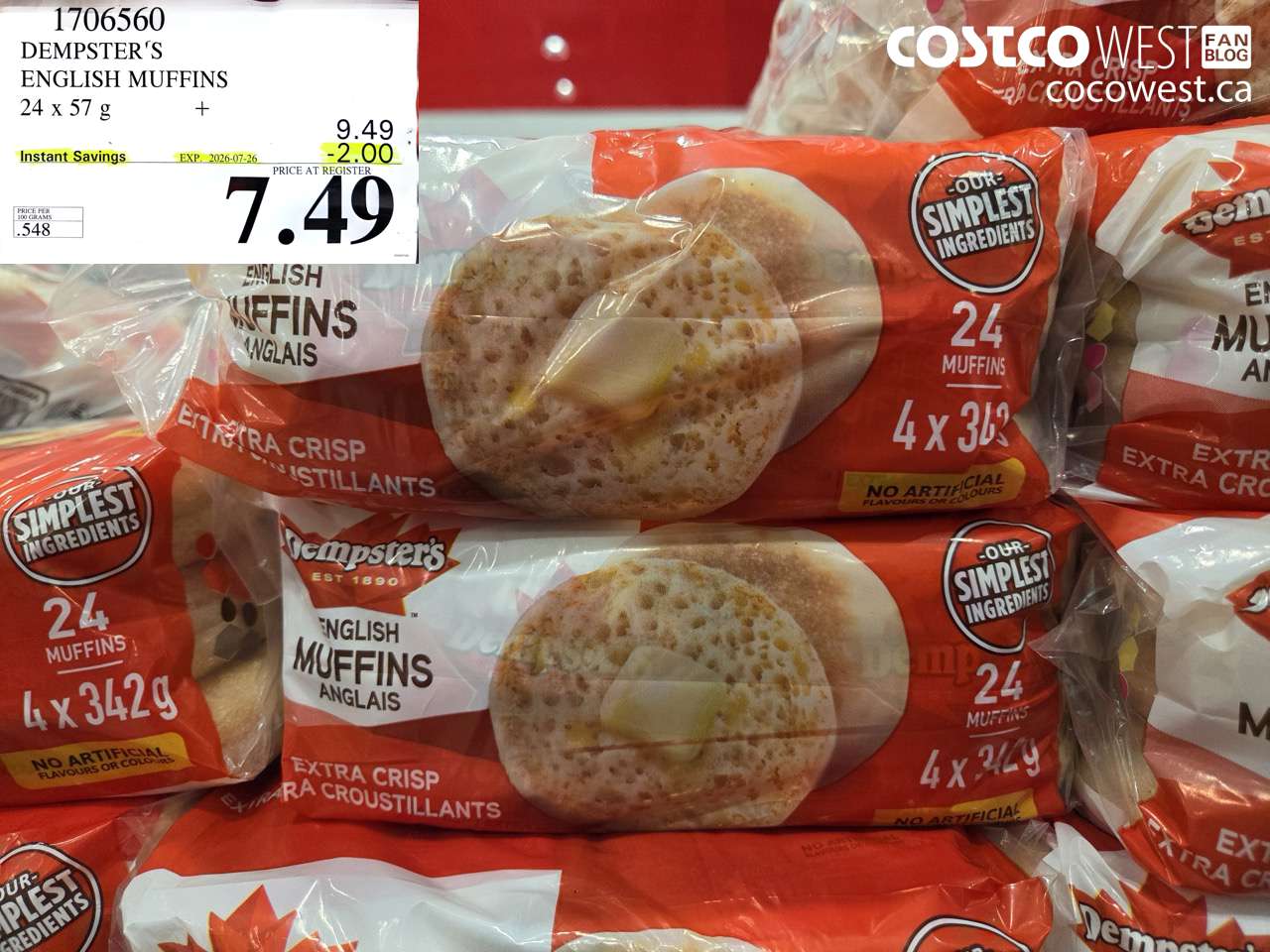 1706560 DEMPSTER'S ENGLISH MUFFINS 24 X 57 G ($2.00 INSTANT SAVINGS EXPIRES ON 2026-07-26) $7.49