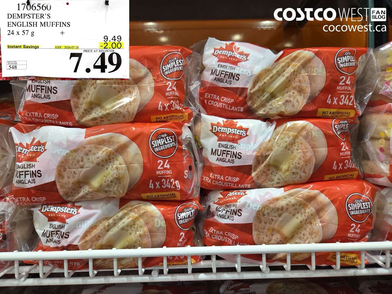 1706560 DEMPSTER'S ENGLISH MUFFINS 24 X 57 G ($2.00 INSTANT SAVINGS EXPIRES ON 2026-07-26) $7.49