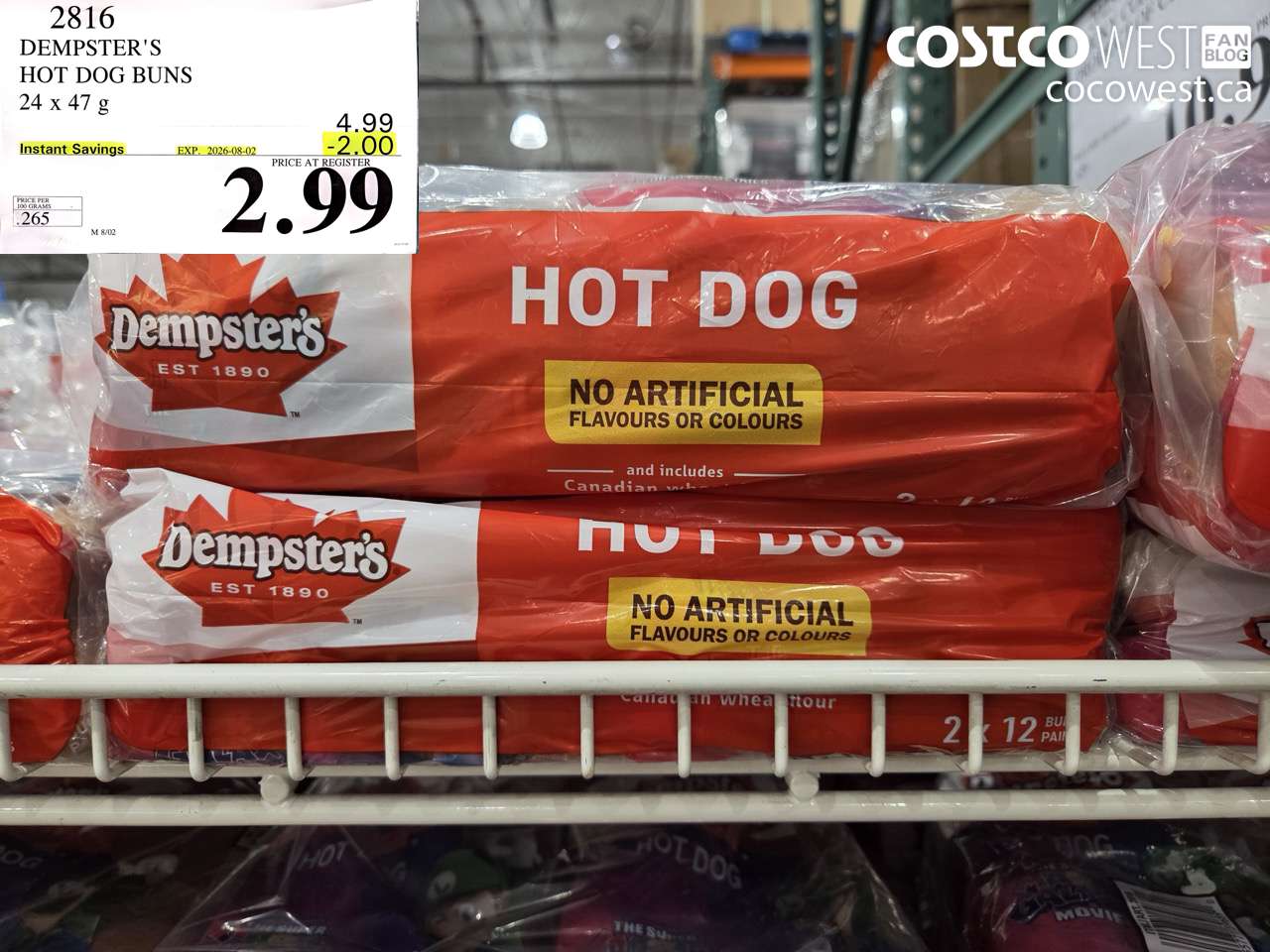 2816 DEMPSTER'S HOT DOG BUNS 24 X 47 G ($2.00 INSTANT SAVINGS EXPIRES ON 2026-08-02) $2.99