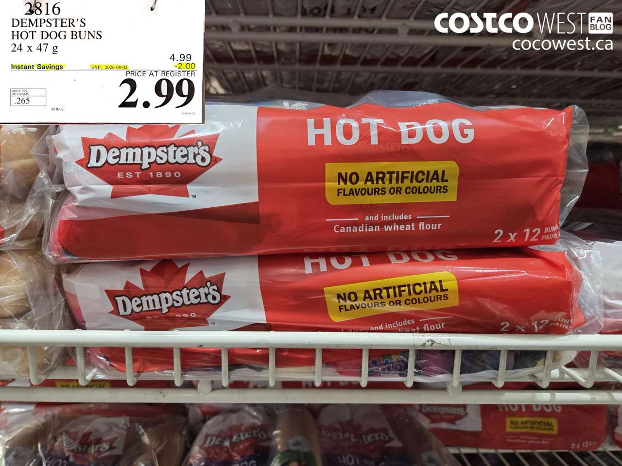 2816 DEMPSTER'S HOT DOG BUNS 24 X 47 G ($2.00 INSTANT SAVINGS EXPIRES ON 2026-08-02) $2.99