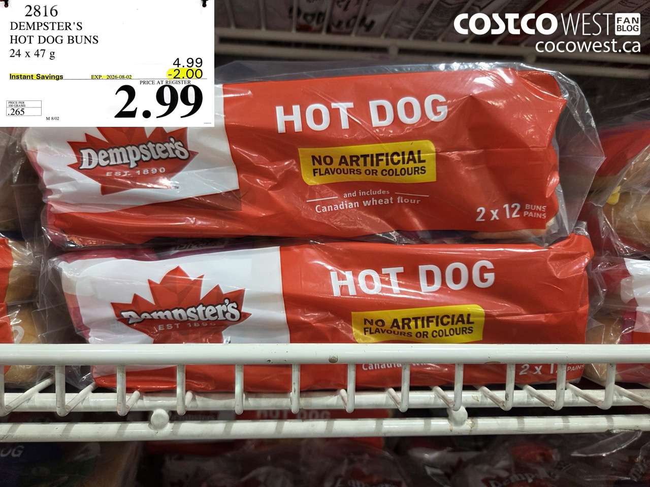 2816 DEMPSTER'S HOT DOG BUNS 24 X 47 G ($2.00 INSTANT SAVINGS EXPIRES ON 2026-08-02) $2.99