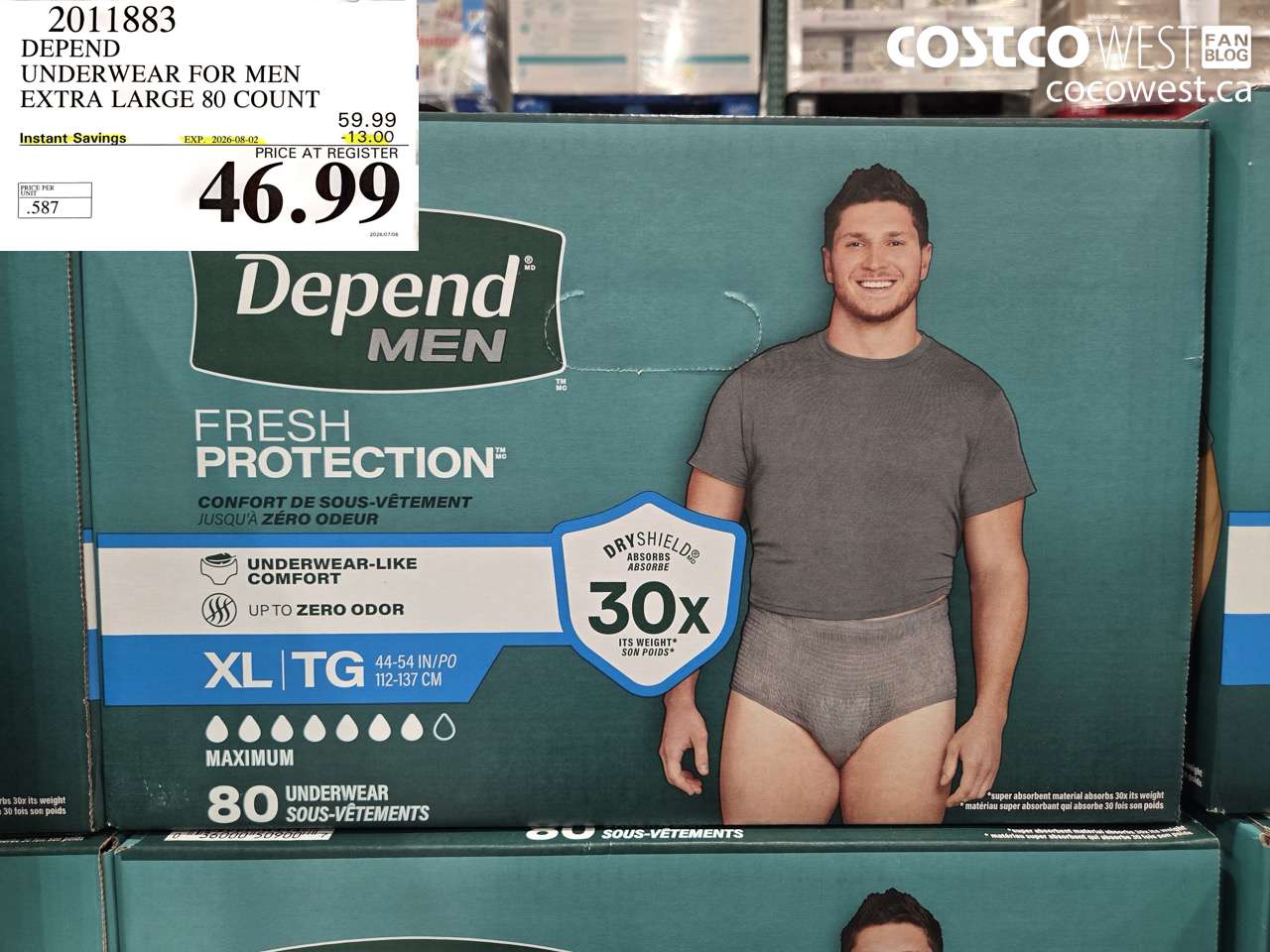 2011883 DEPEND UNDERWEAR FOR MEN EXTRA LARGE 80 COUNT ($13.00 INSTANT SAVINGS EXPIRES ON 2026-08-02) $46.99