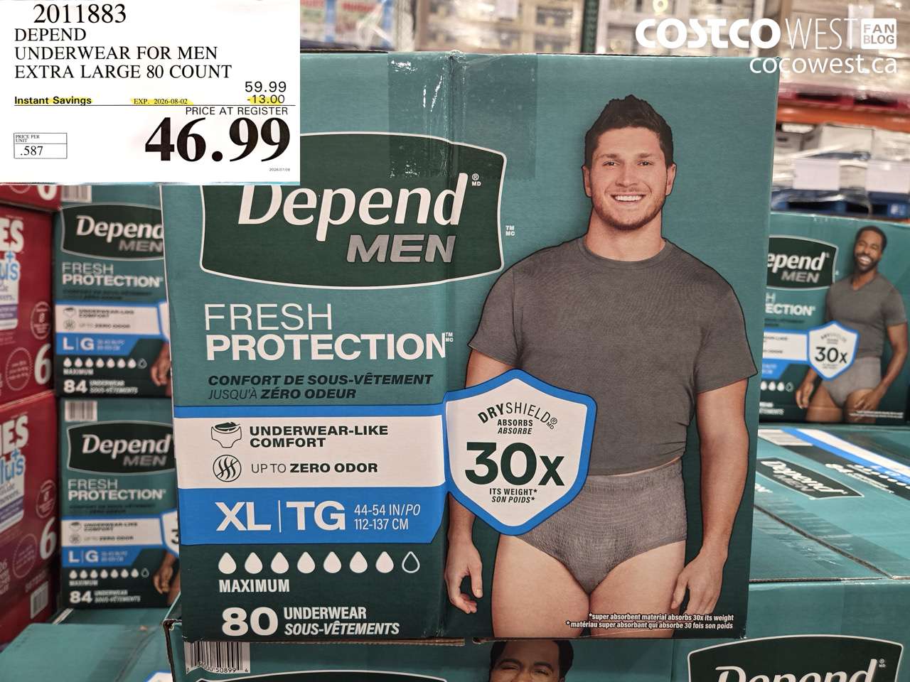 2011883 DEPEND UNDERWEAR FOR MEN EXTRA LARGE 80 COUNT ($13.00 INSTANT SAVINGS EXPIRES ON 2026-08-02) $46.99