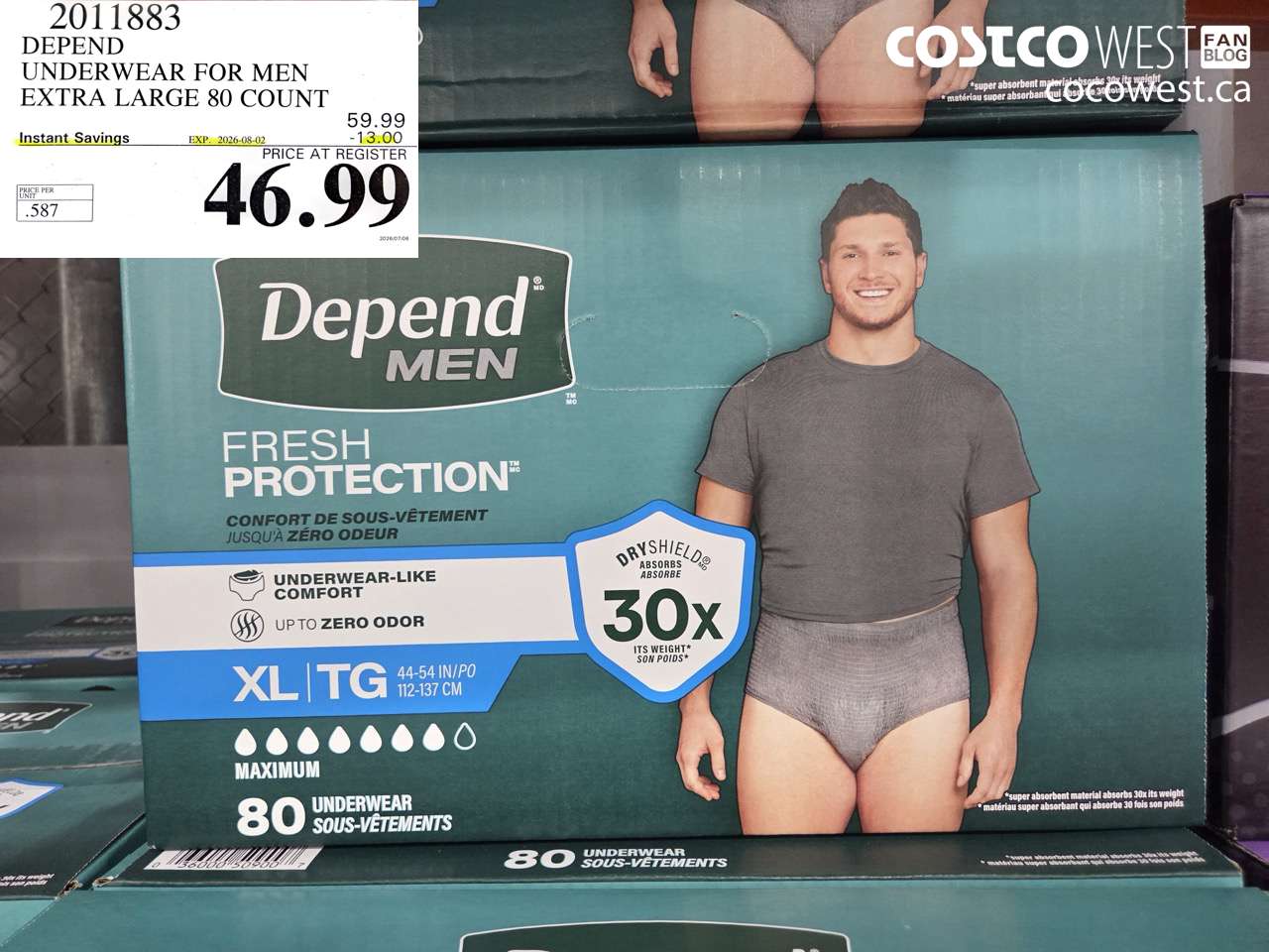 2011883 DEPEND UNDERWEAR FOR MEN EXTRA LARGE 80 COUNT ($13.00 INSTANT SAVINGS EXPIRES ON 2026-08-02) $46.99