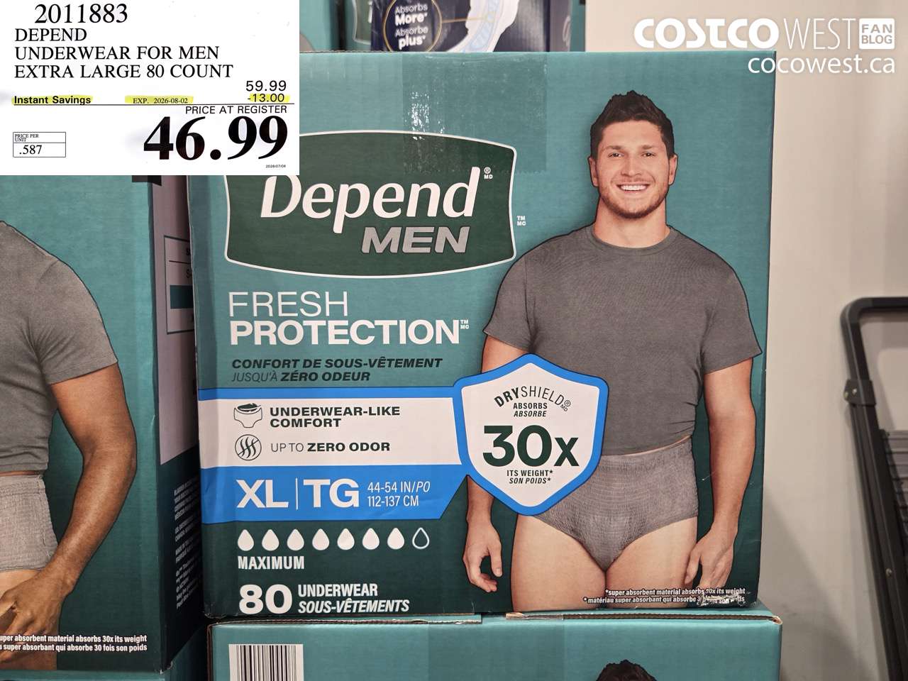 2011883 DEPEND UNDERWEAR FOR MEN EXTRA LARGE 80 COUNT ($13.00 INSTANT SAVINGS EXPIRES ON 2026-08-02) $46.99