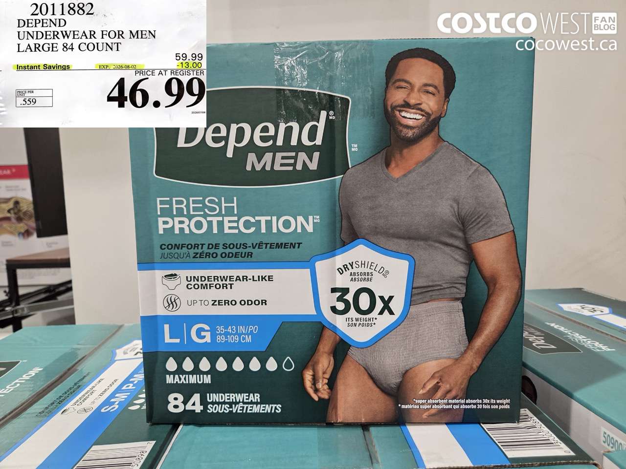 2011882 DEPEND UNDERWEAR FOR MEN LARGE 84 COUNT ($13.00 INSTANT SAVINGS EXPIRES ON 2026-08-02) $46.99