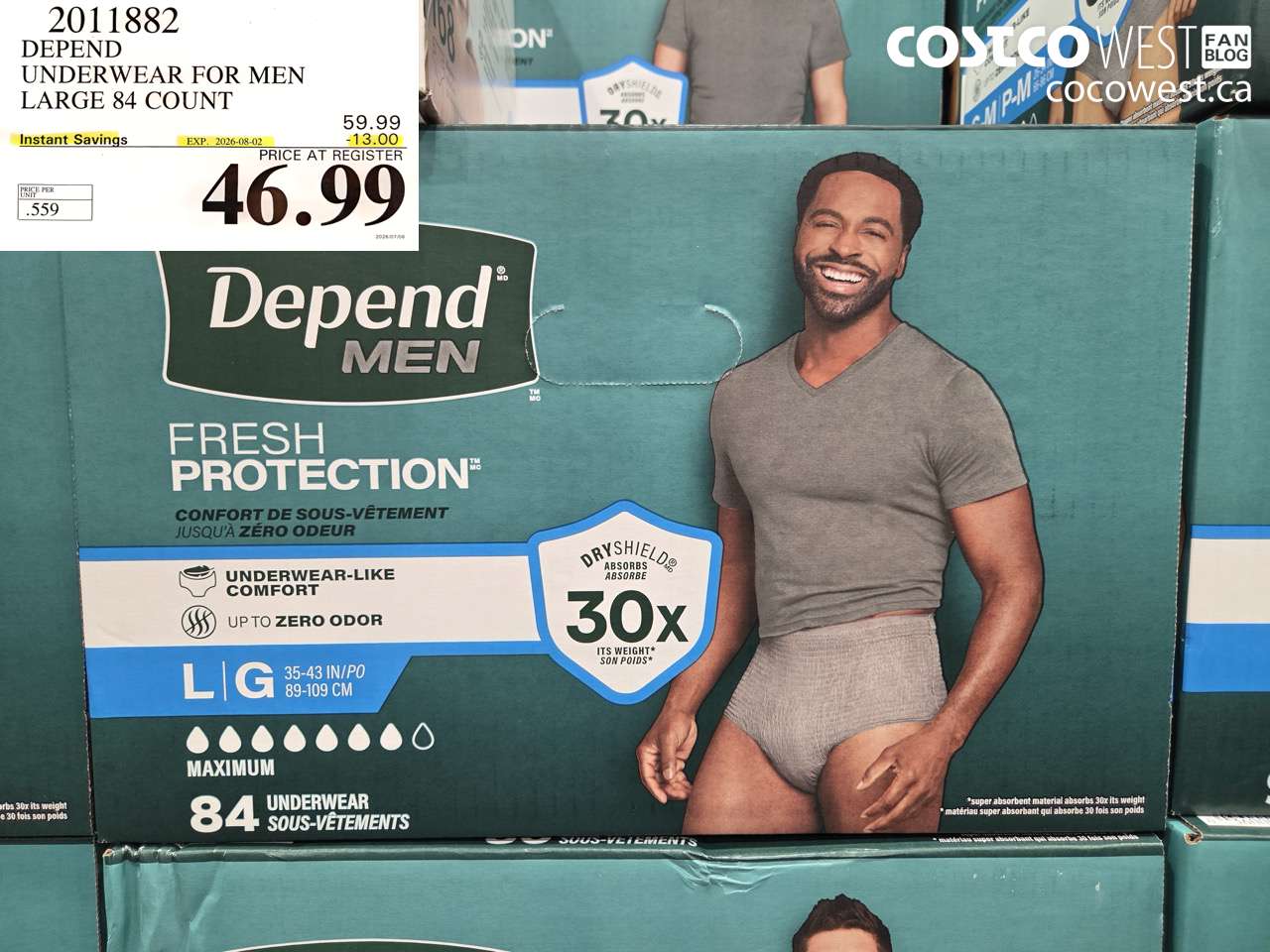 2011882 DEPEND UNDERWEAR FOR MEN LARGE 84 COUNT ($13.00 INSTANT SAVINGS EXPIRES ON 2026-08-02) $46.99