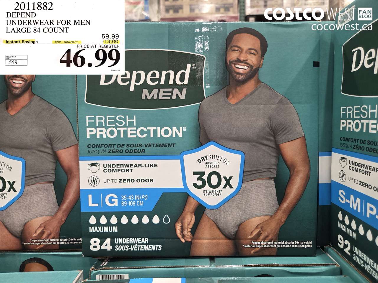 2011882 DEPEND UNDERWEAR FOR MEN LARGE 84 COUNT ($13.00 INSTANT SAVINGS EXPIRES ON 2026-08-02) $46.99