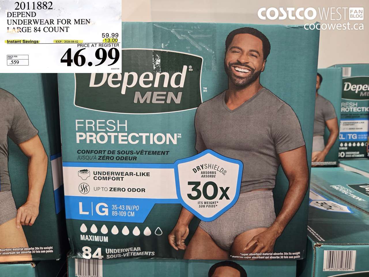 2011882 DEPEND UNDERWEAR FOR MEN LARGE 84 COUNT ($13.00 INSTANT SAVINGS EXPIRES ON 2026-08-02) $46.99