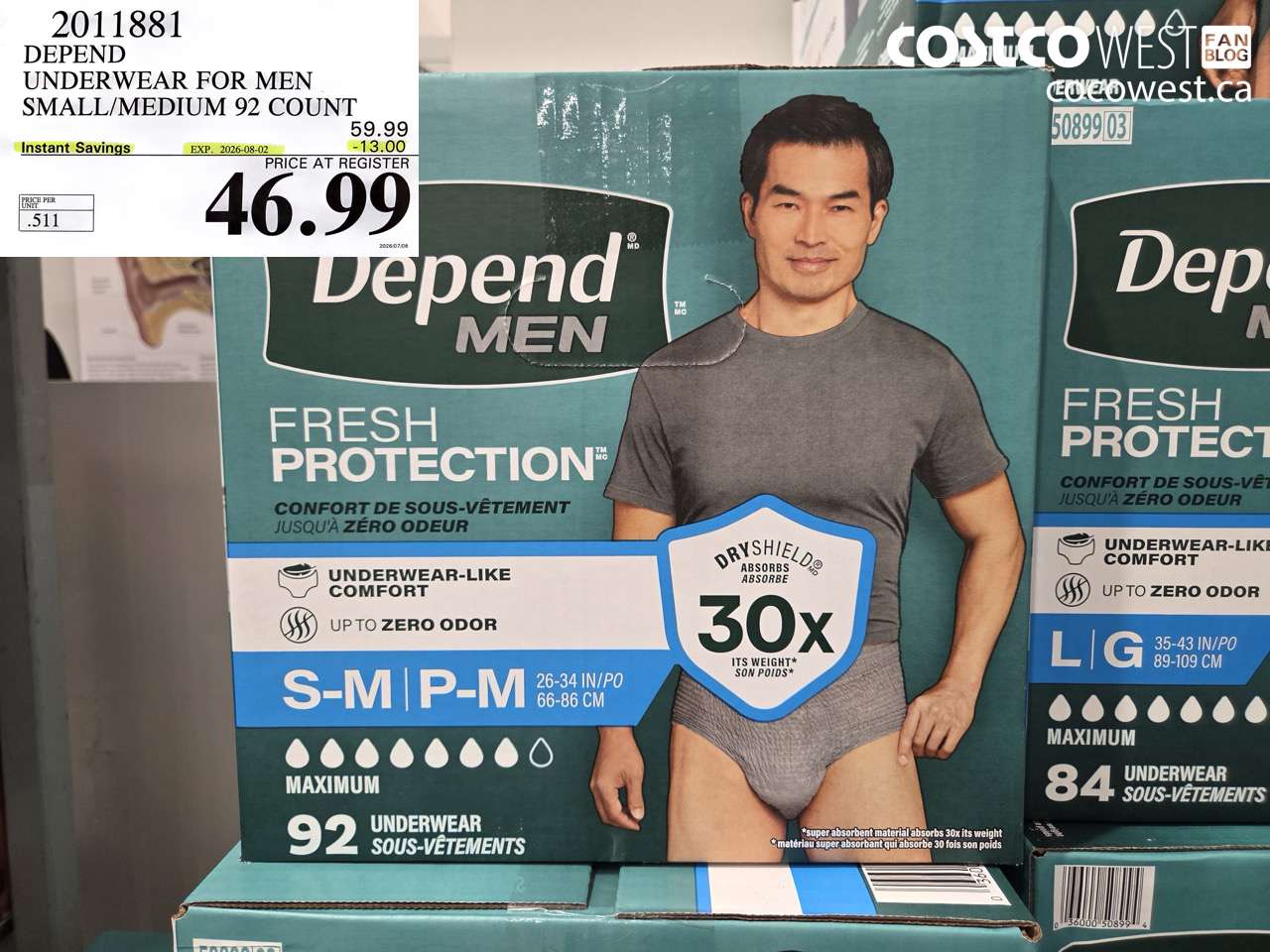 2011881 DEPEND UNDERWEAR FOR MEN SMALL/MEDIUM 92 COUNT ($13.00 INSTANT SAVINGS EXPIRES ON 2026-08-02) $46.99