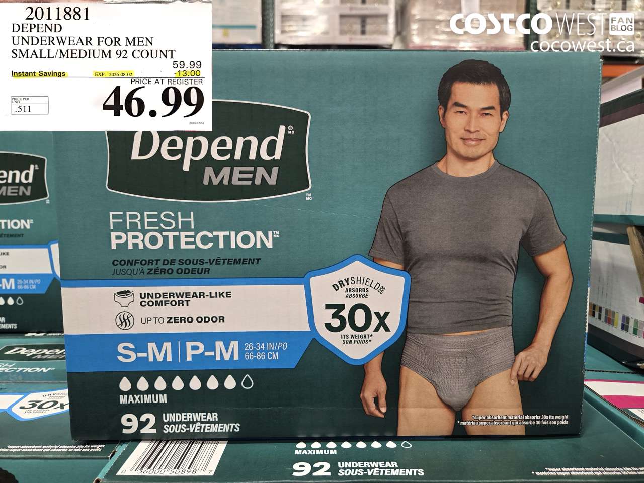 2011881 DEPEND UNDERWEAR FOR MEN SMALL/MEDIUM 92 COUNT ($13.00 INSTANT SAVINGS EXPIRES ON 2026-08-02) $46.99