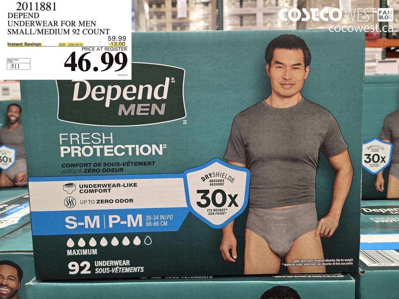 2011881 DEPEND UNDERWEAR FOR MEN SMALL/MEDIUM 92 COUNT ($13.00 INSTANT SAVINGS EXPIRES ON 2026-08-02) $46.99