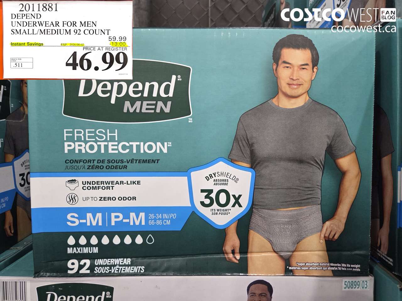2011881 DEPEND UNDERWEAR FOR MEN SMALL/MEDIUM 92 COUNT ($13.00 INSTANT SAVINGS EXPIRES ON 2026-08-02) $46.99