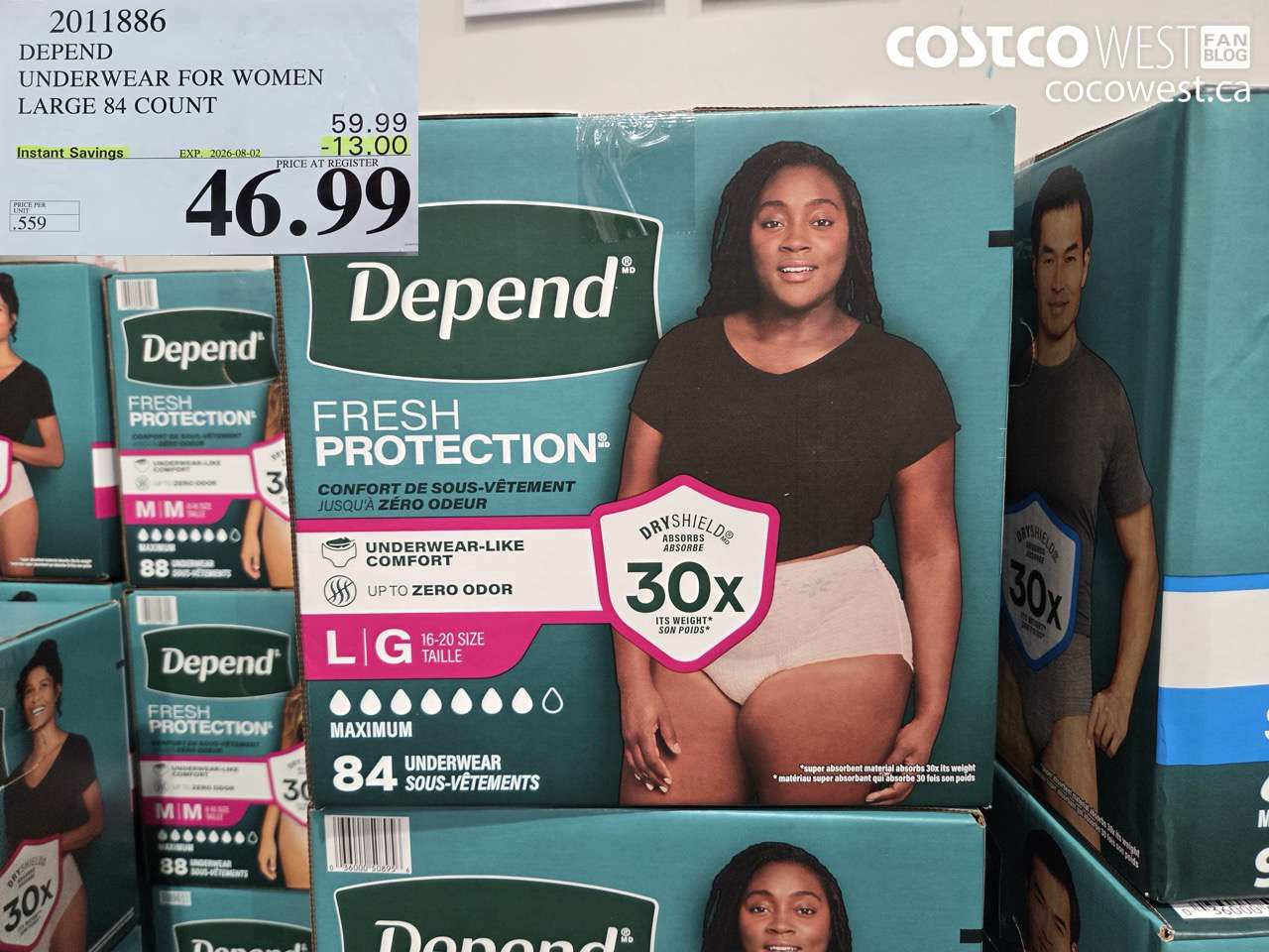 2011886 DEPEND UNDERWEAR FOR WOMEN LARGE 84 COUNT ($13.00 INSTANT SAVINGS EXPIRES ON 2026-08-02) $46.99