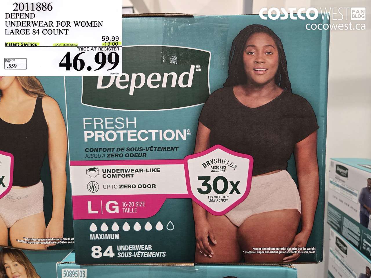 2011886 DEPEND UNDERWEAR FOR WOMEN LARGE 84 COUNT ($13.00 INSTANT SAVINGS EXPIRES ON 2026-08-02) $46.99