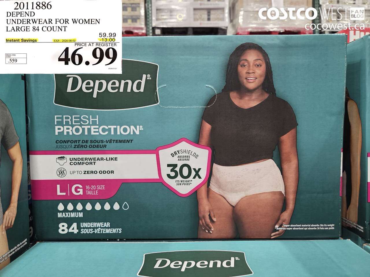 2011886 DEPEND UNDERWEAR FOR WOMEN LARGE 84 COUNT ($13.00 INSTANT SAVINGS EXPIRES ON 2026-08-02) $46.99