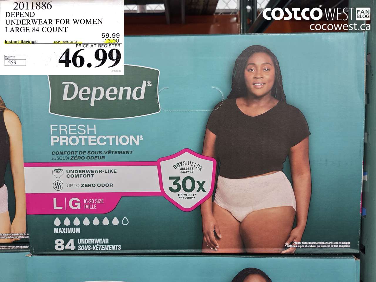 2011886 DEPEND UNDERWEAR FOR WOMEN LARGE 84 COUNT ($13.00 INSTANT SAVINGS EXPIRES ON 2026-08-02) $46.99